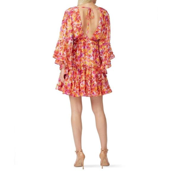 MISA Los Angeles Yasemin Bright Pink Orange Yellow Floral Chiffon Bell Sleeve Mi - Picture 5 of 16
